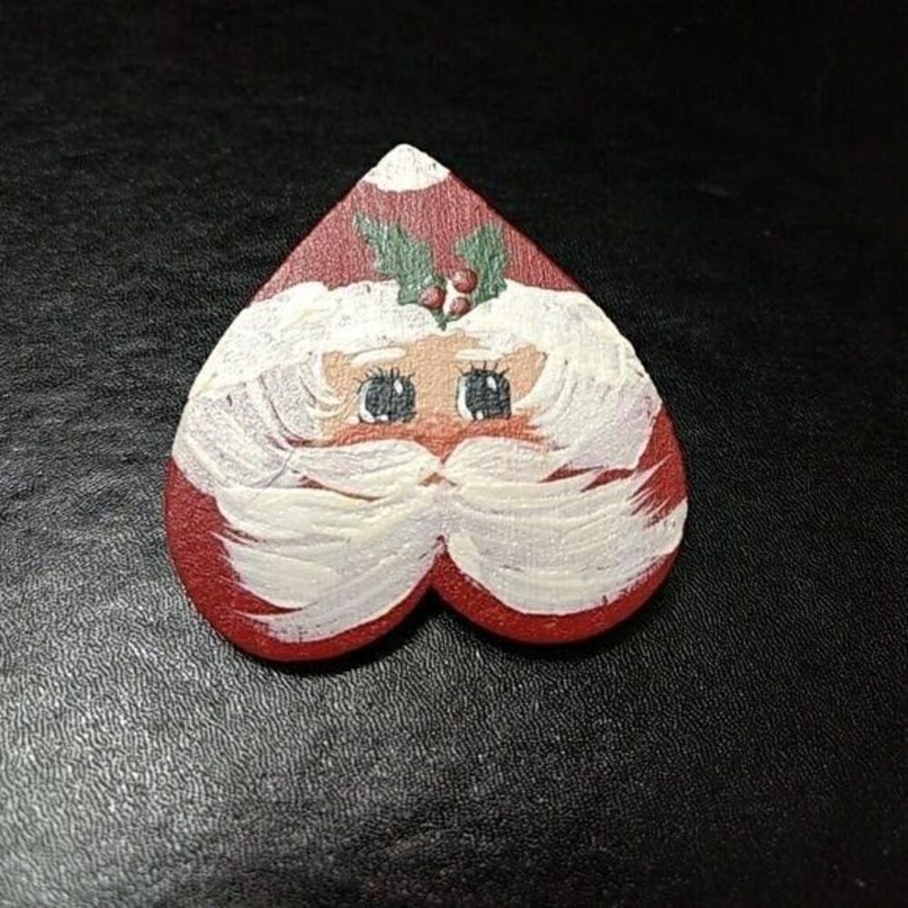 Vintage Hand Painted Red White Rosy Cheek Santa Wooden Brooch Pin